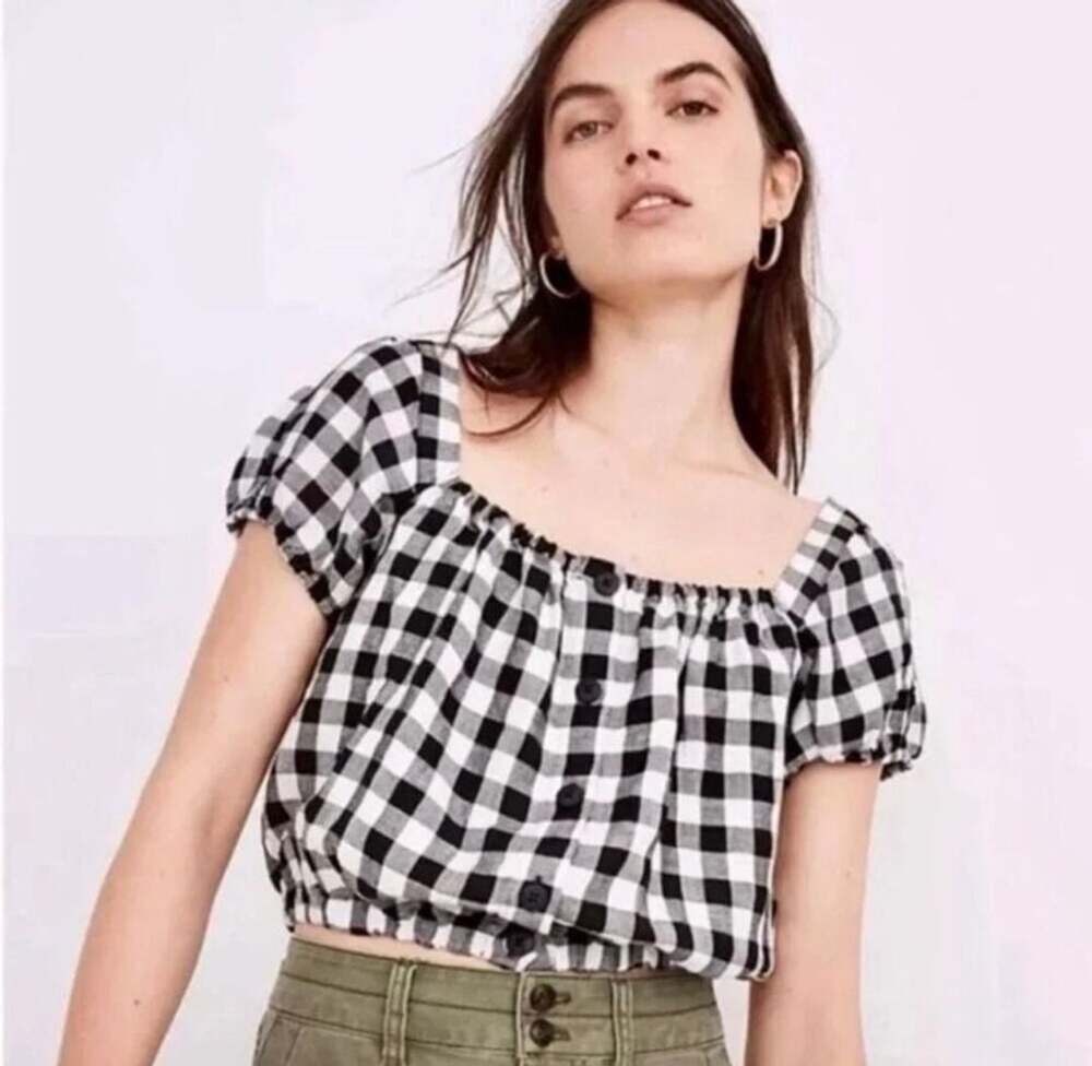 Madewell Gingham Cropped Puff Sleeve Square Neck Top Large